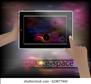 Silhouettes of planets. Space picture in a smart phone. space. Beautiful, fantastic and magical. Space landscape. Rings are glowing neon. The starry nebula.