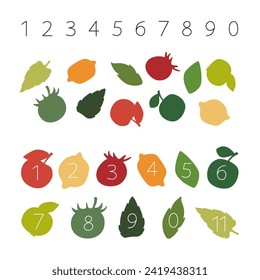 Silhouettes of plants. Illustrations of fruits, vegetables and leaves for educational games. Numbers and counting. Vector