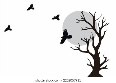 Silhouettes playing bird and trees illustration, vector. Scandinavian minimalist three pieces of poster design. Modern wall art design, artwork. Home decoration