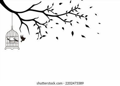 Silhouettes playing bird and trees illustration, vector. Scandinavian minimalist three pieces of poster design. Modern wall art design, artwork. Home decoration