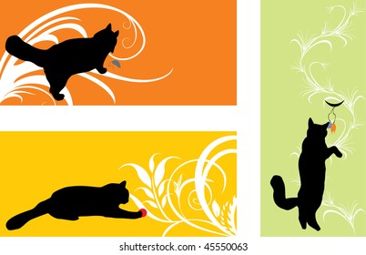 Silhouettes of playing kittens. Stickers. Vector