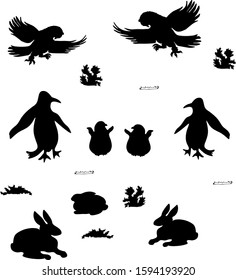 Silhouettes with polar animals, north, hare, penguin,owl, isolated on white,environmental poster, banner, for animal protection