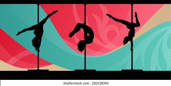 Silhouettes of pole dancers on abstract background