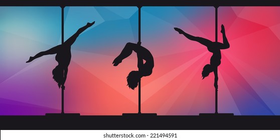 Silhouettes of pole dancers on abstract background