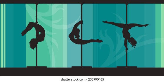Silhouettes of pole dancers on abstract background