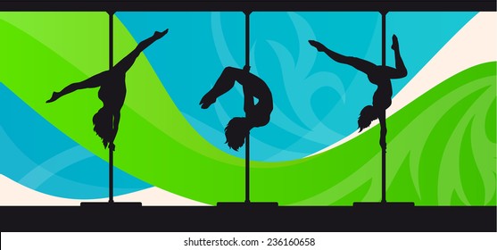 Silhouettes of pole dancers on abstract background