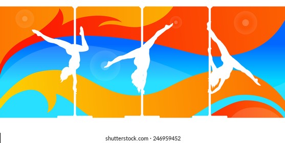 Silhouettes of pole dancers on abstract background. Aerialists. Air gymnastics. Gymnasts.