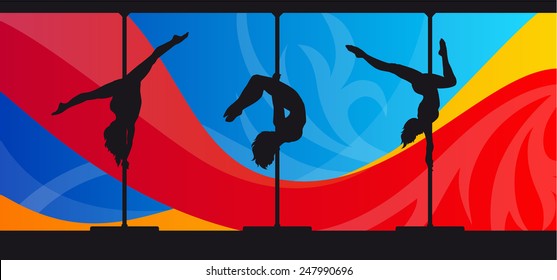 Silhouettes of pole dancers on abstract background.