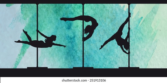 Silhouettes of pole dancers on abstract natural grunge vector watercolor background.