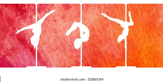 Silhouettes of pole dancers on abstract natural grunge vector watercolor background.