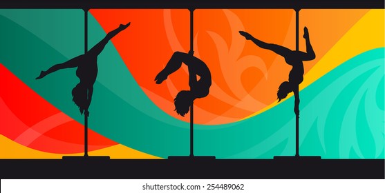 Silhouettes of pole dancers on abstract background