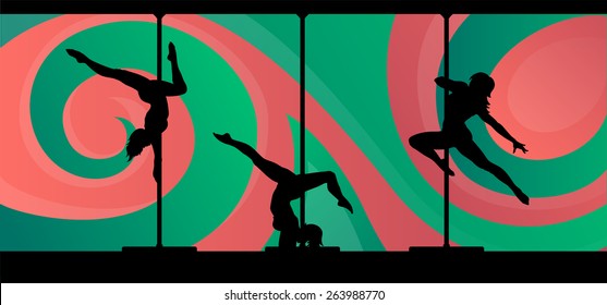 Silhouettes of pole dancers on abstract background