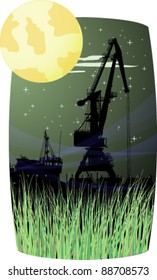 Silhouettes of the port crane and the ship in night port