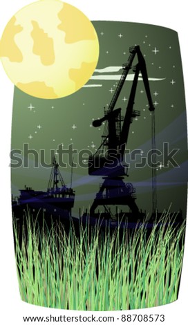 Silhouettes of the port crane and the ship in night port
