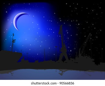 Silhouettes of port in night on background of moon
