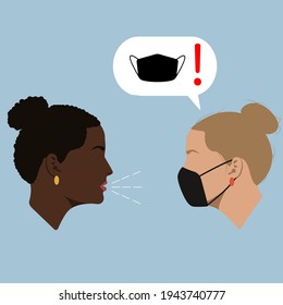 Silhouettes, Portraits. Black and white girls in conversation. Dialogue during Quarantine. Girl tells other girl to wear a mask