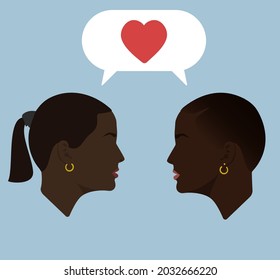 Silhouettes. Portraits. Dialogue of two black women. Girls. Speech bubble with heart. Girls lovers. Women are in dialogue. Women in love. Lesbians.