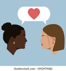 Silhouettes. Portraits. Dialogue of two women. Girls. Speech bubble with heart. Girls lovers. Women are in dialogue. Women in love. Lesbians.