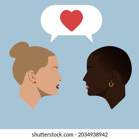 Silhouettes. Portraits. Dialogue of two  women. Girls. Speech bubble with heart. Girls lovers. Women are in dialogue. Women in love. Lesbians.