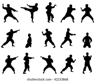 Silhouettes of positions of the karateka. Set of black silhouettes of the person on a white background in style in karate great for your design.