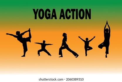 Silhouettes practicing yoga stretching exercises.  Set of yoga positions.