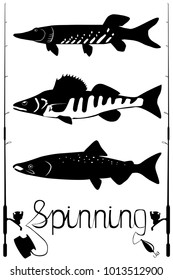 Silhouettes of predatory fishes and fishing rods