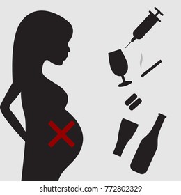 Silhouettes of a pregnant girl. Smoking of cigarettes, drinking alcohol and drugs by a pregnant woman can lead to miscarriage of a child. Vector illustration.