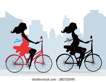 Silhouettes of pregnant women on the bike . City background. Illustration in vector format. Horizontal.