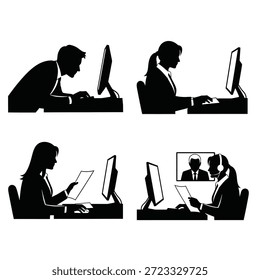 Silhouettes of professionals working on computers, in video conferences. Office tasks, professional communication, modern workspace.