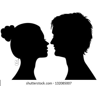 Silhouettes of a profile of a head of the young man and the girl