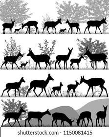 Silhouettes of pronghorn antelopes and its cubs outdoors