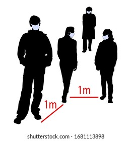 Silhouettes in protective masks. A group strolling people of different ages. Rules for protection against coronavirus during quarantine, keeping distance. Pandemic. Isolated on white medical allowance