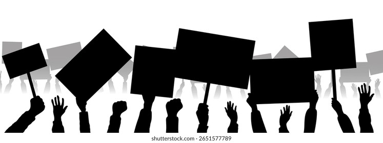 Silhouettes of protesters raising blank placards during a demonstration, symbolizing activism, freedom of speech, and social movement.