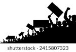 Silhouettes of a protesting crowd. People protest with banners.