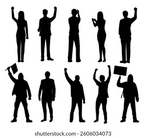 Silhouettes of protesting people in different poses. Silhouettes of men and women in various protesting poses, holding protest signs, chanting slogans and raising their fist to the sky in protest.