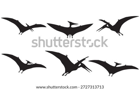 Silhouettes of Pterodactyls flying in different poses, prehistoric birds
