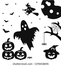 Silhouettes of pumpkin with face, bats, spiders, witch flying on broomstick and Ghost on a white. Preparations for Halloween