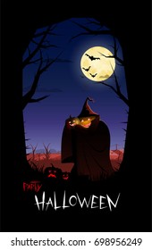 Silhouettes of pumpkins against the background of a gloomy forest