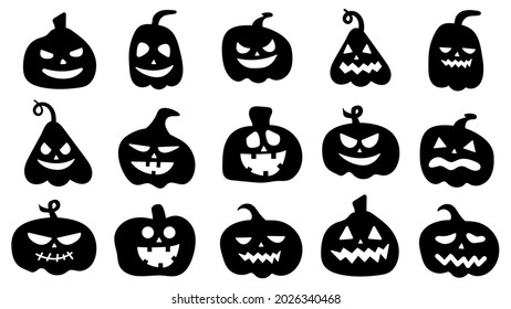 Silhouettes of pumpkins with different carved facial expressions. Halloween pumpkin cartoon character. Black icons of pumpkins with emotions. Vector illustration