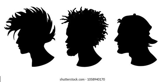 Silhouettes of punk, African American, skater. Men profile silhouettes.The contour of hair.
