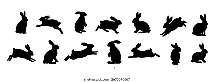 Silhouettes of rabbits in different positions perfect for Easterthemed designs, nature illustrations, childrens books, and wildlifethemed projects.