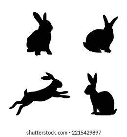 Silhouettes of rabbits isolated on a white background. Set of different easter bunnies silhouettes for design use.