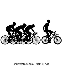 Silhouettes of racers on a bicycle, fight at the finish line.