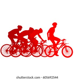 Silhouettes of racers on a bicycle, fight at the finish line.
