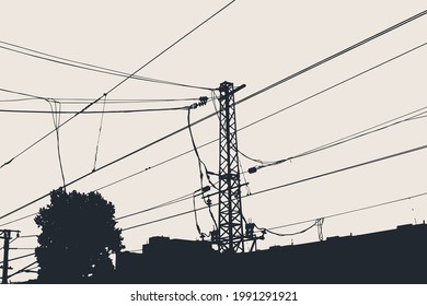 Silhouetten von Schienenstöcken, Kabeln. Vektorgrafik