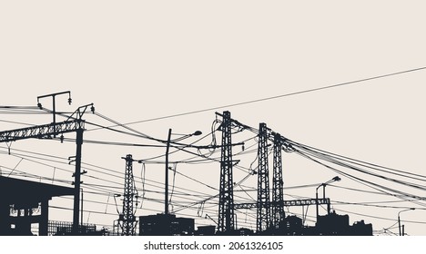 Silhouettes of a railway poles, cables. Vector Illustration
