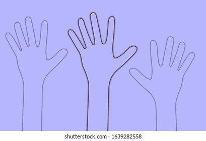 Silhouettes of raised up hands isolated on blue background. Volunteering, Helping hand, Teamwork, Friendship, Voting, Human Rights concept simple vector illustration.