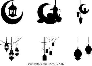 Silhouettes of Ramadan Kareem icons, including lanterns, crescents, and traditional Arabic coffee pots.