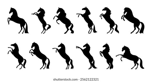 Silhouettes of rearing horses in various poses on a white background