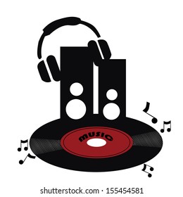 silhouettes of a red black vinyl with black speakers and headphone